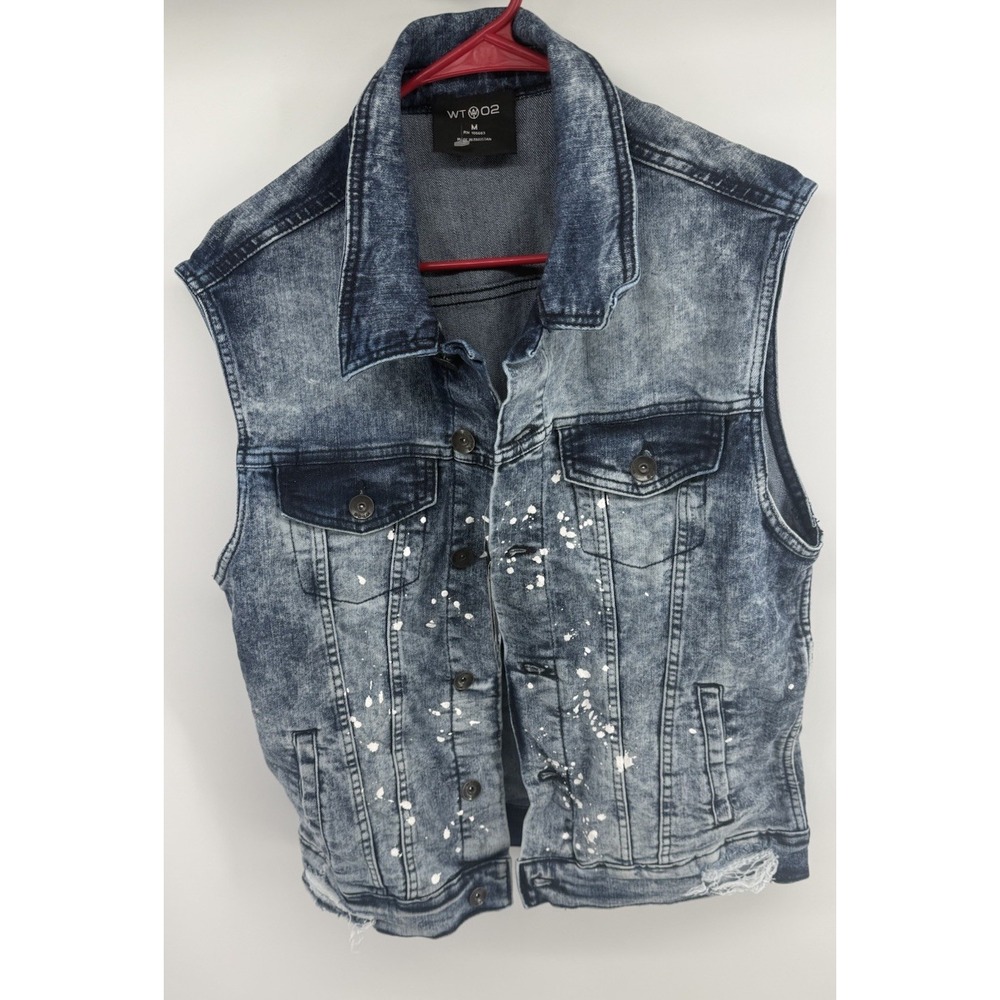 WT02 Men's M Denim Vest Acid Wash Paint Splatter Distressed Jean Jacket NWT - Picture 2 of 12